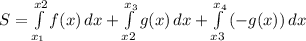 S=\int\limits^{x{2}}_{x_{1}} {f(x)} \, dx +\int\limits^{x_{3}}_{x{2}} {g(x)} \, dx+\int\limits^{x_{4}}_{x{3}}{(-g(x))} \, dx