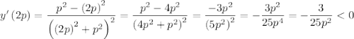 y'\left(2p\right) =\dfrac{p^2-\left(2p\right)^2}{\left(\left(2p\right)^2+p^2\right)^2}=\dfrac{p^2-4p^2}{\left(4p^2+p^2\right)^2}=\dfrac{-3p^2}{\left(5p^2\right)^2}=-\dfrac{3p^2}{25p^4}=-\dfrac{3}{25p^2}