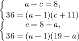 \displaystyle \left \{ {{a+c=8,} \atop {36=(a+1)(c+11)}} \right. \\\left \{ {{c=8-a,} \atop {36=(a+1)(19-a)}} \right.