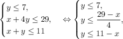 \begin{cases}y\leq 7,\\x+4y\leq 29,\\x+y\leq 11\end{cases}\Leftrightarrow \begin{cases}y\leq 7,\\y\leq \dfrac{29-x}{4},\\y\leq 11-x\end{cases}\\