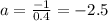 a=\frac{-1}{0.4}=-2.5