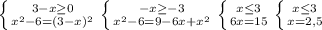 \left \{ {{3-x\geq0 } \atop {x^2-6=(3-x)^2}} \right. \left \{ {{-x\geq-3 } \atop {x^2-6=9-6x+x^2}} \right. \left \{ {{x\leq3 } \atop {6x=15}} \right. \left \{ {{x\leq3 } \atop {x=2,5}} \right.