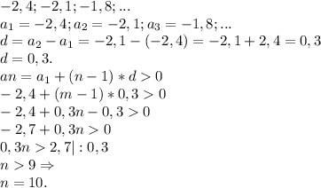 -2,4; -2,1; -1,8; ...\\a_1=-2,4;a_2=-2,1;a_3=-1,8;...\\d=a_2-a_1=-2,1-(-2,4)=-2,1+2,4=0,3\\d=0,3.\\an=a_1+(n-1)*d0\\-2,4+(m-1)*0,30\\-2,4+0,3n-0,30\\-2,7+0,3n0\\0,3n2,7|:0,3\\n9\Rightarrow\\n=10.