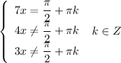 \left\{\begin{array}{ccc}7x = \dfrac{\pi}{2} + \pi k\\4x \neq \dfrac{\pi}{2} + \pi k\\3x \neq \dfrac{\pi}{2} + \pi k\end{array}\right \ k \in Z