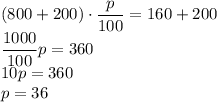 (800+200) \cdot \dfrac{p}{100}=160+200\\\dfrac{1000}{100}p=360\\10p=360\\p=36