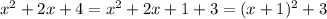 x^2+2x+4=x^2+2x+1+3=(x+1)^2+3