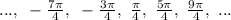 ...,~-\frac{7\pi}{4}, ~-\frac{3\pi}{4}, ~\frac{\pi}{4}, ~\frac{5\pi}{4}, ~\frac{9\pi}{4}, ~...