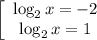 \left[\begin{array}{c}{\log_{2}x=-2}&{\log_2{x}=1}\end{array}