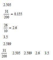 Расположите в порядке возрастания: 2,505; 3 1/200; 2 6/10; 3,5; 2,589