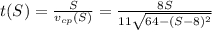 t(S)=\frac{S}{v_{cp}(S)}=\frac{8S}{11\sqrt{64-(S-8)^2} }