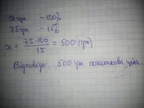 Після зниження ціни на 15 % 1 м тканини став на 75 грн дешевше. Якою була початкова ціна 1 м тканини