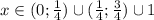 x \in (0; \frac{1}{4})\cup (\frac{1}{4}; \frac{3}{4})\cup{1}