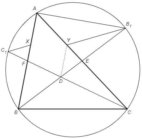 В треугольнике ABC продолжения медиан из вершин B и C пересекают описанную окружность в точках B₁ и