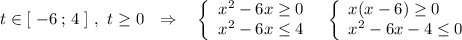 t\in [\ -6\, ;\, 4\ ]\ ,\ t\geq 0\ \ \Rightarrow \ \ \ \left\{\begin{array}{ccc}x^2-6x\geq 0\\x^2-6x\leq 4\end{array}\right\ \ \left\{\begin{array}{l}x(x-6)\geq 0\\x^2-6x-4\leq 0\end{array}\right