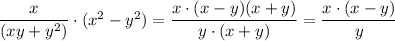 \dfrac{x}{(xy+y^2)}\cdot (x^2-y^2)=\dfrac{x\cdot (x-y)(x+y)}{y\cdot (x+y)}=\dfrac{x\cdot (x-y)}{y}