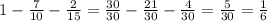 1-\frac{7}{10} -\frac{2}{15} =\frac{30}{30} -\frac{21}{30} -\frac{4}{30} =\frac{5}{30} =\frac{1}{6}