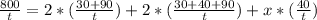 \frac{800}{t} =2*(\frac{30+90}{t})+2*(\frac{30+40+90}{t})+x*(\frac{40}{t})