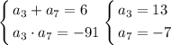 \left\{\begin{aligned}&a_3+a_7=6\\&a_3\cdot a_7=-91\\\end{aligned}\right.\left\{\begin{aligned}&a_3=13\\&a_7=-7\\\end{aligned}\right.