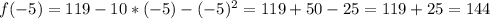 f(-5) = 119 -10 *(-5) -(-5)^{2} =119+50-25 = 119+25 = 144