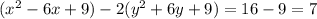 (x^2 - 6x + 9) - 2(y^2 + 6y + 9) = 16 - 9 = 7