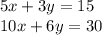 5x+3y=15\\10x+6y=30