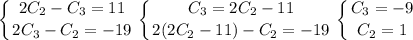 \displaystyle \left \{ {{2C_2-C_3=11} \atop {2C_3-C_2=-19}} \right. \left \{ {{C_3=2C_2-11} \atop {2(2C_2-11)-C_2=-19}} \right. \left \{ {{C_3=-9} \atop {C_2=1}} \right.