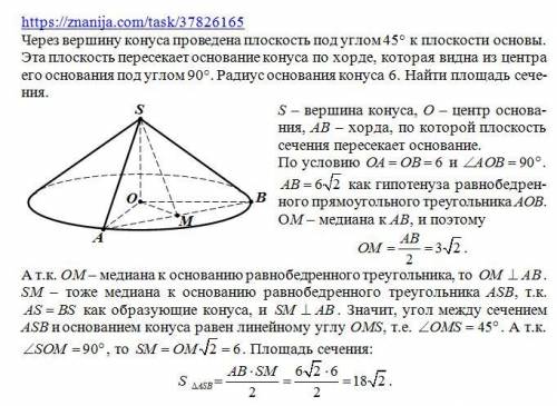 Через вершину конуса проведено площину під кутом 45° до площини основи. Ця площина перетинає основу