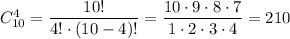 C_{10}^4=\dfrac{10!}{4!\cdot(10-4)!} =\dfrac{10\cdot9\cdot8\cdot7}{1\cdot2\cdot3\cdot4} =210