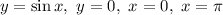 y = \sin x, \ y = 0, \ x = 0, \ x = \pi