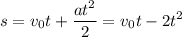 \displaystyle s=v_0t+\frac{at^2}{2}=v_0t-2t^2