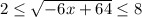 2 \leq \sqrt{-6x+64} \leq 8