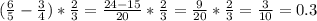 (\frac{6}{5} -\frac{3}{4} )*\frac{2}{3} =\frac{24-15}{20} *\frac{2}{3} =\frac{9}{20} *\frac{2}{3} =\frac{3}{10} =0.3