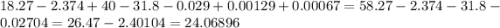 18.27 - 2.374 + 40 - 31.8 - 0.029 + 0.00129 + 0.00067 = 58.27 - 2.374 - 31.8 - 0.02704 = 26.47 - 2.40104 = 24.06896