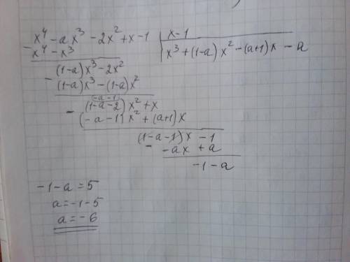 При якому а остача від ділення х⁴-ах³-2х²+х-1 на двочлен х-1 дорівнює 5​