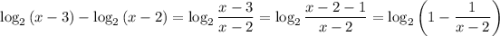 \log_2{(x-3)}-\log_2{(x-2)}=\log_2{\dfrac{x-3}{x-2}}=\log_2{\dfrac{x-2-1}{x-2}}=\log_2{\left(1-\dfrac{1}{x-2}\right)}