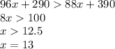 96x + 290 88x + 390\\8x 100\\x 12.5\\x = 13\\