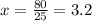 x = \frac{80}{25} = 3.2