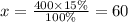 x = \frac{400 \times 15\%}{100\%} = 60