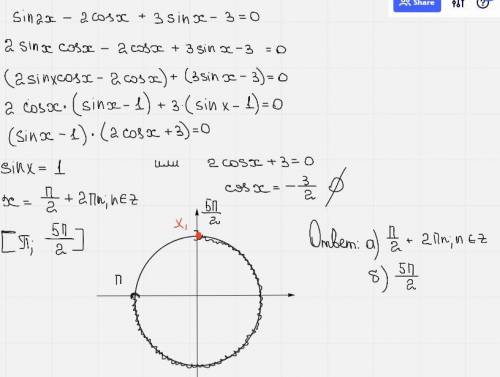 sin2x-2cosx+3sinx-3=0 кажите корни, принадлежащие отрезку [пи; (5пи)/2]. С чувством, с толком с расс