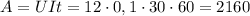 \[A = UIt = 12 \cdot 0,1 \cdot 30 \cdot 60 = 2160\]