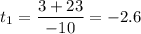 \displaystyle t_1=\frac{3+23}{-10}=-2.6