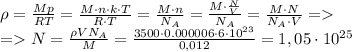 \[\begin{array}{l}\rho = \frac{{Mp}}{{RT}} = \frac{{M \cdot n \cdot k \cdot T}}{{R \cdot T}} = \frac{{M \cdot n}}{{{N_A}}} = \frac{{M \cdot \frac{N}{V}}}{{{N_A}}} = \frac{{M \cdot N}}{{{N_A} \cdot V}} = \\ = N = \frac{{\rho V{N_A}}}{M} = \frac{{3500 \cdot {\rm{0}}{\rm{.000006}} \cdot {\rm{6}} \cdot {\rm{1}}{{\rm{0}}^{23}}}}{{0,012}} = 1,05 \cdot {10^{25}}\end{array}\]