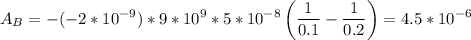 \displaystyle A_B=-(-2*10^{-9})*9*10^9*5*10^{-8}\left(\frac{1}{0.1}-\frac{1}{0.2}\right)=4.5*10^{-6}