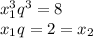 x_1^3q^3=8\\ x_1q=2=x_2