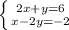 \left \{ {{2x+y=6} \atop {x-2y=-2}} \right.