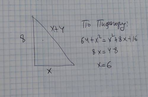 Один із катетів прямокутного трикутника 8 см,а гіпотенуза на 4 см більша за інший катет.Знайдіть нев