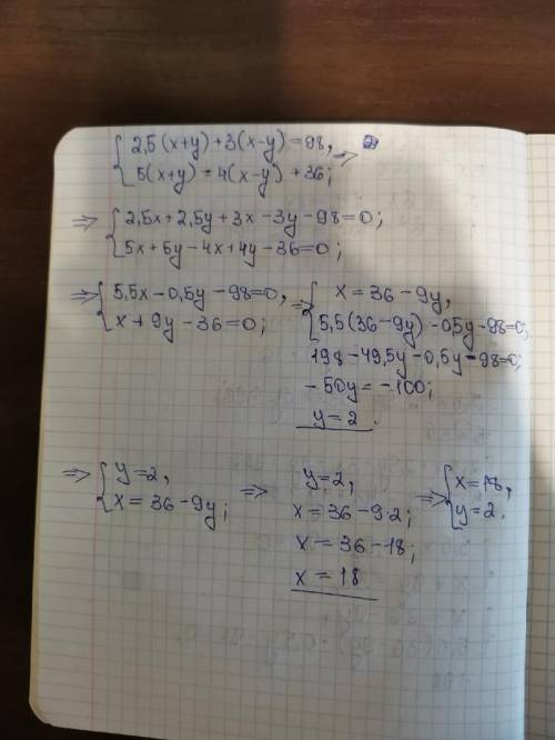 {2,5(x+y)+3(x-y)=98{5(x+y)=4(x-y)+36​