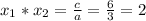 x_1*x_2=\frac{c}{a} =\frac{6}{3} =2