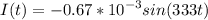 \displaystyle I(t)=-0.67*10^{-3}sin(333t)