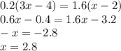 0.2(3x - 4) = 1.6(x - 2) \\ 0.6x - 0.4 = 1.6x - 3.2 \\ - x = - 2.8 \\ x = 2.8